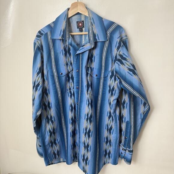 Vtg Panhandle Slim Men Pearl Snap Western Shirt Blue Aztec Barb Wire Rodeo Lg